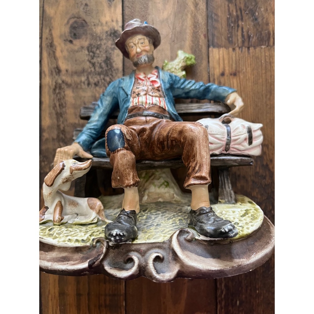VINTAGE Hobo on Bench Figurine Traveler with Dog Portugal 8" Multicolor Decor